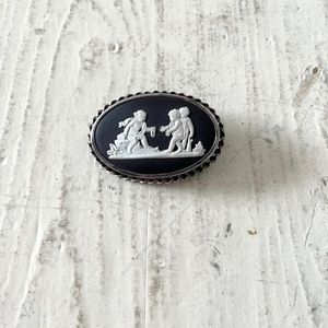 Vintage Wedgwood, Deep Black Jasperware Brooch, Three Putti in Sterling Silver